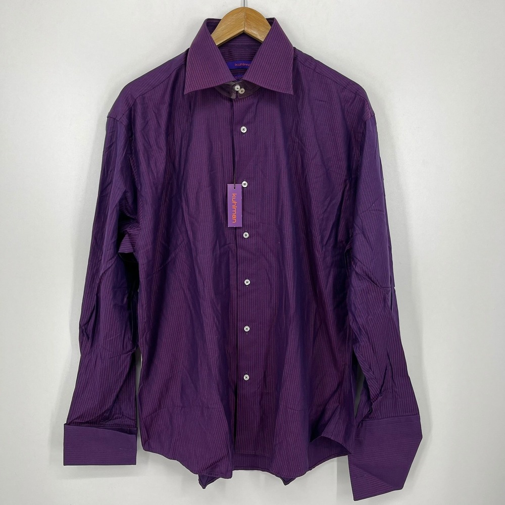 Kuhlman Mens Purple Herringbone 80s Two Fold Cotton French Cuff Dress Shirt 43